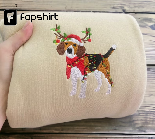 Embroidered Christmas Dog Sweatshirt Embroidered Beagle Reindeer Santa Dog Christmas Crewneck Women Christmas Sweatshirt Ugly Christmas