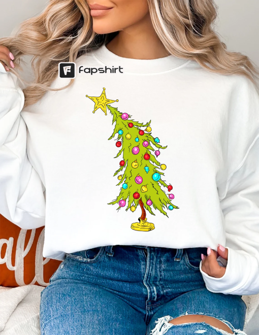 Trendy Grinch Christmas Tree Sweatshirt, Leaning Grinch Christmas Tree Sweatshirt, Hand drawn Christmas Tree, Grinch Christmas Tree