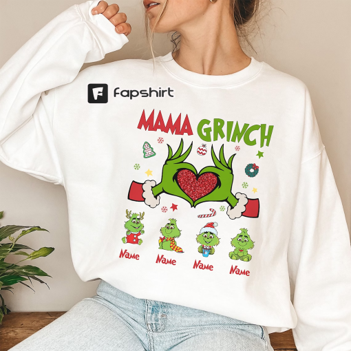 Custom Mama Grinch Sweatshirt, Christmas Kids Names Shirt, Gift For Mom, Mama Christmas Gift, Mama Sweatshirt, Christmas Gift