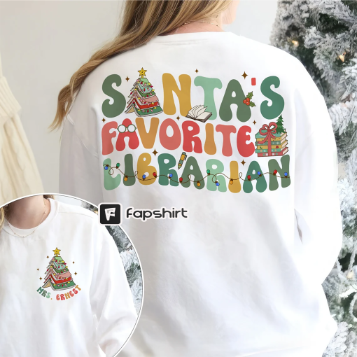 Santa’s Favorite Librarian Christmas Shirt, Christmas Book Tree Shirt, Book Lover Gift, Bookworm Christmas Tee, Reading Christmas Shirt