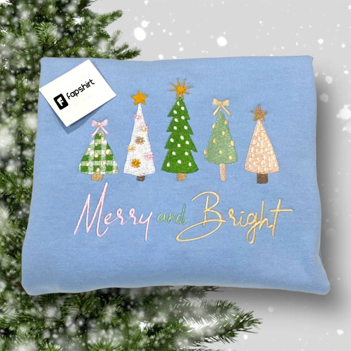 Merry and bright soft pastel fashionable Christmas tree embroidered sweatshirt, Christmas party crewneck, light color embroidery Xmas shirt