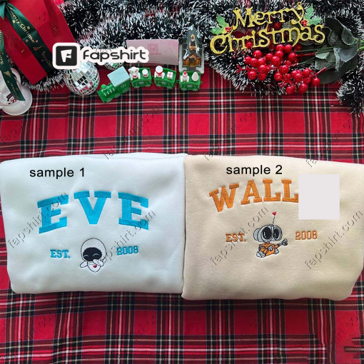 Wall-E x Eve Embroidered Sweatshirt, Custom Initials Sleeve, Christmas Sweatshirt, Anniversary Gift, Couple Matching Clothes Gifts