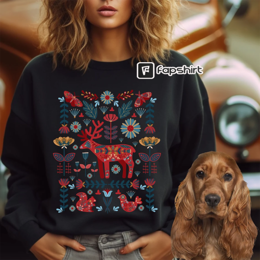 Scandinavian Christmas Sweatshirt, Norwegian Folk Art Sweater, Cottage Core Hygge Botanical Sweatshirt, Vintage Nordic Christmas Crewneck