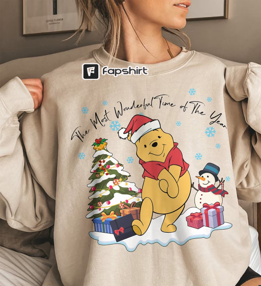 Retro Winnie The Pooh Christmas Sweatshirt, The Most Wonderful Time Of The Year Winnie The Pooh Lights Sweatshirt, Disney Pooh Sweatshirt