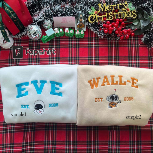 Wall-E x Eve Embroidered Sweatshirt, Custom Initials Sleeve, Christmas Sweatshirt, Anniversary Gift, Couple Matching Clothes Gifts