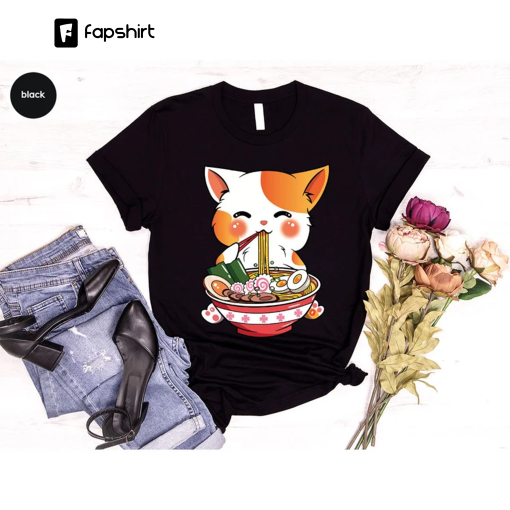 Cat Ramen T-Shirt, Kawaii Anime Shirt, Japanese Shirt, Korean Noodle Shirt, Cute Asian Food Tee, Ramen Kitten Graphic Tees, Gifts for Friend