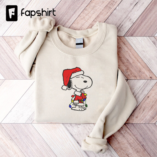 Embroidered Peanuts Inspired Sno.opy and Woodstock Christmas with Christmas Lights Crewneck Sweatshirt, Funny Sno.opy Christmas Sweater