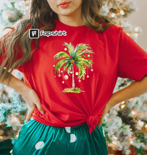 Christmas Palm Tree T-shirt, Tropical Xmas Gift, Florida Christmas Tshirt,Beach Aloha Christmas Tee, Santa July Hawaiian Shirts, Xmas Family