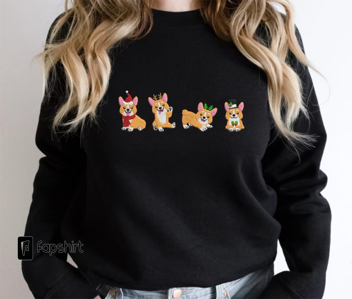 Corgi Dog Christmas Embroidery Sweatshirt, Unisex Corgi Christmas Embroidery Sweatshirt, Embroidery Christmas costume family matching