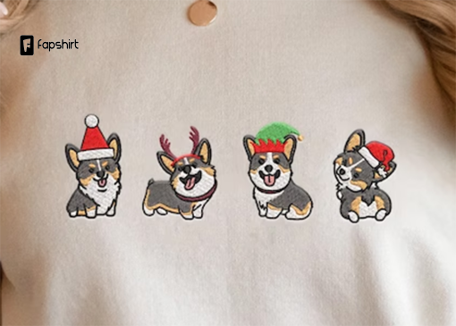 Cute Corgi Tri-color Christmas Embroidery Sweatshirt, Unisex Corgi Christmas Embroidery Sweatshirt, Embroidery Christmas Sweatshirt Gifts