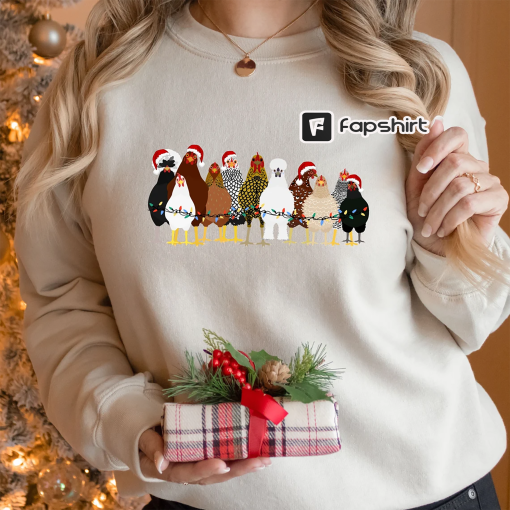 Christmas Chickens Sweatshirt, Cute Chicken Farm Animals Holiday Shirt, Trendy Santa Hat Animal Farmer Heiffer Bull Gift Holidays Crewneck