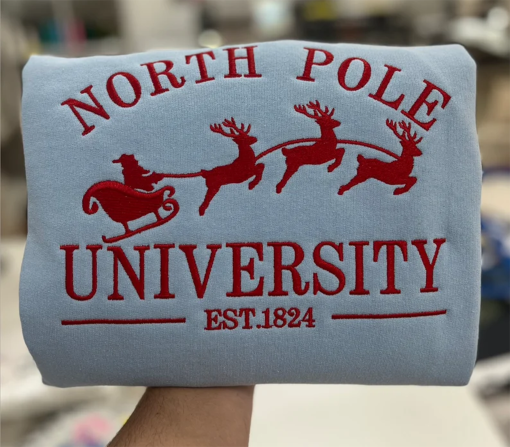 North Pole University Christmas Embroidered Sweatshirt, Holiday Apparel, Holiday Sweatshirt, Cozy Christmas Embroidery, Christmas Gifts