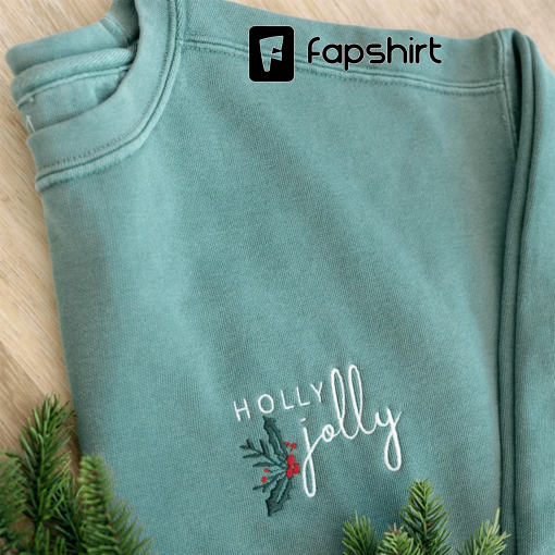 Holly Jolly Embroidered Light Green Comfort Colors Crewneck Sweatshirt or T-shirt, Winter, Minimalistic Shirt, Christmas Secret Santa Gift