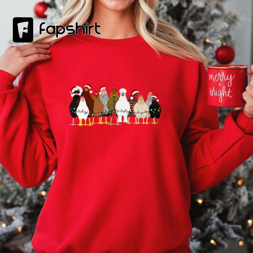 Christmas Chickens Sweatshirt, Cute Chicken Farm Animals Holiday Shirt, Trendy Santa Hat Animal Farmer Heiffer Bull Gift Holidays Crewneck