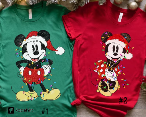 Disney Couples Mickey and Minnie Mouse Christmas Lights T-Shirt, Mickey’s Very Merry Xmas Party Sweatshirt, Disneyland Vacation Holiday Gift