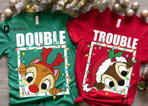 Disney Santa Chip And Dale Christmas Lights Shirt, Double Trouble Christmas Couples Shirt, Rescue Ranger Shirt, Disney Christmas Squad