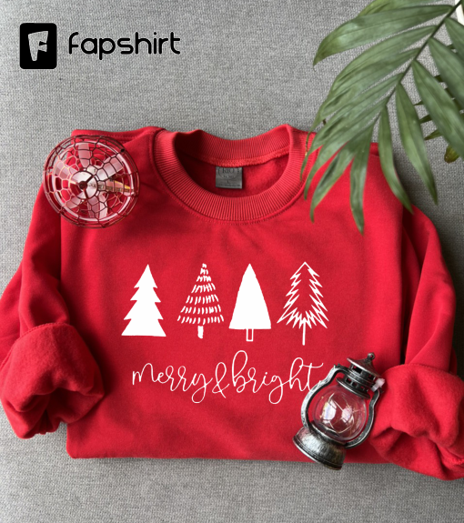 Merry & Bright Christmas Trees Sweatshirt, Christmas Sweatshirt, Holiday Sweater, Womens Holiday Sweatshirt, Christmas Shirt, Winter Shirt