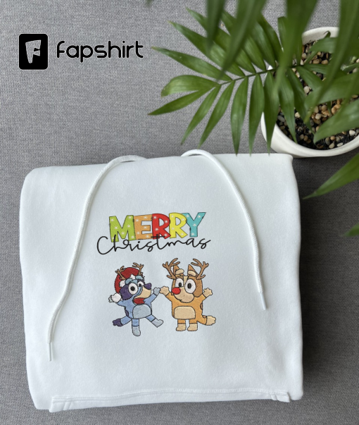 Blue Cartoon Dog Christmas Embroidery, Happy Family Christmas Embroidery, Blue Dog Christmas Machine Embroidery