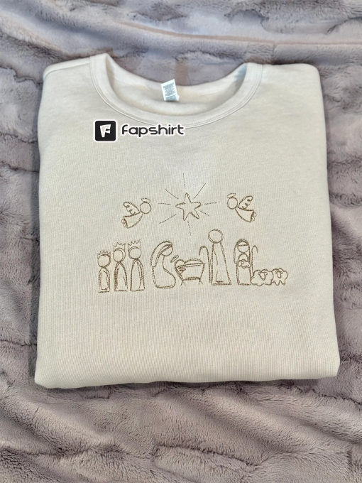 Nativity Scene Embroidered Sweatshirt, Christian holiday sweater…