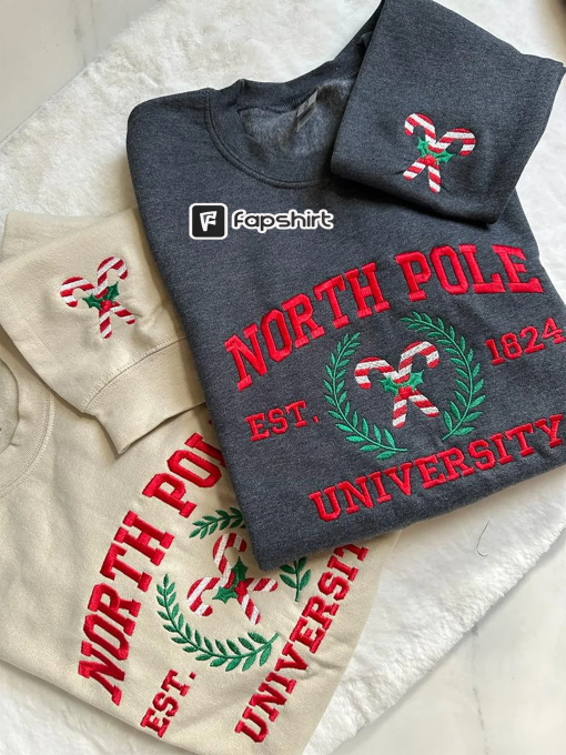 Christmas Embroidery, North Pole University Embroidered Sweatshirt, Christmas Gift, Christmas Embroidered Hoodie, Christmas Candy Sweater