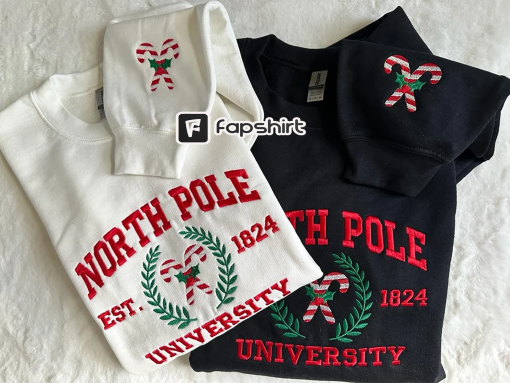 Christmas Embroidery, North Pole University Embroidered Sweatshirt, Christmas Gift, Christmas Embroidered Hoodie, Christmas Candy Sweater