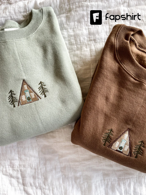 A-Frame Cabin Embroidered Crewneck Sweatshirt, Winter Sweater, Christmas embroidery sweater, Camping Apparel, Cozy Loungewear, Pine Tree