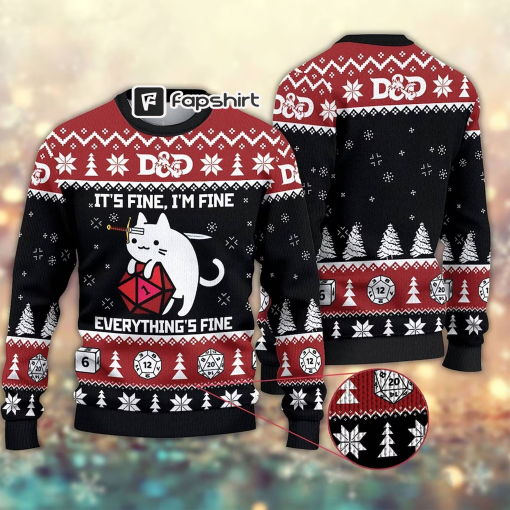 D&D Dragon Woolen Sweater, Funny Cat It’s Fine Everything Fine Ugly Christmas Sweater, Christmas Sweater, Ugly Xmas Sweater