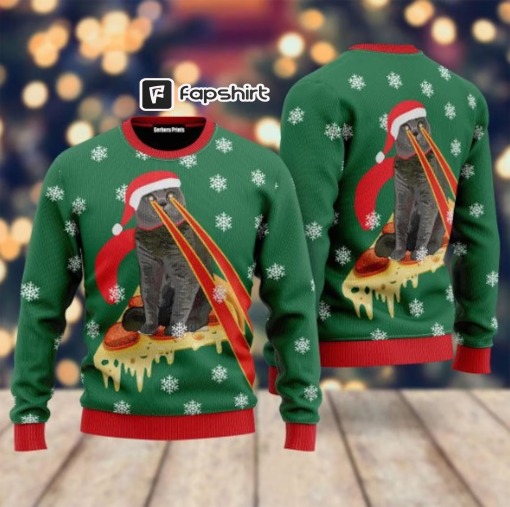 Pizza Cat With Laser Eyes Christmas Ugly Sweater 3D All Over Print, Xmas Sweatshirt, Christmas Gifts