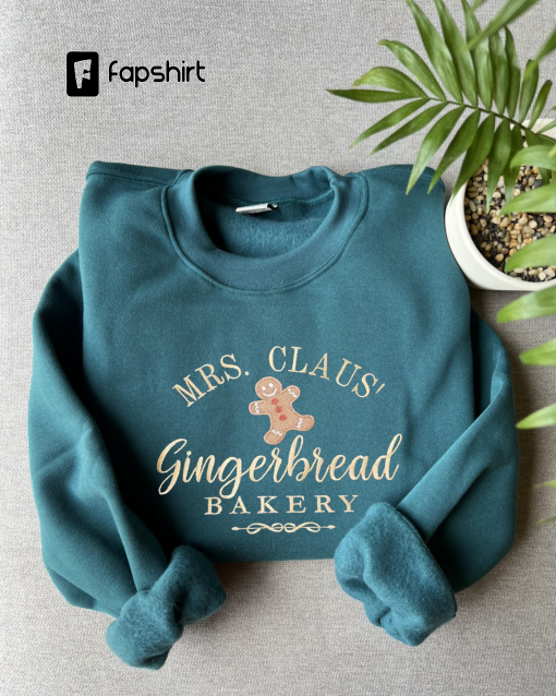 Embroidered Gingerbread Bakery Sweatshirt – Mrs. Claus’ Gingerbread Embroidered Unisex Sweatshirt or Hooded Sweatshirt