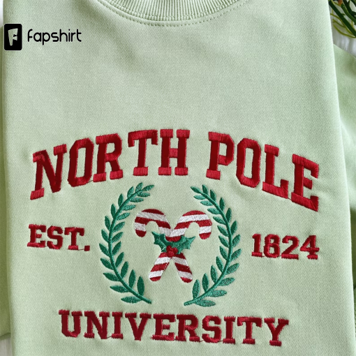 North Pole University Embroidered Sweatshirt | Christmas Embroidered Hoodie | Christmas Candy Sweater | Crew Neck Sweatshirt