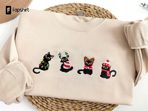 Embroidered Christmas Cats Sweatshirt, Christmas Embroidered Sweater,Funny Christmas Sweatshirt, Black Cat Lover Gift,Gift for Cat Lovers