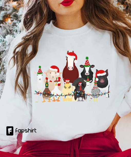 Christmas Farm Animals Shirt | Cute Chicken, Cow, Pig, Goat Holiday Tshirt | Trendy Santa Hat Animal Farmer Gift | Duck Goose Sheep Holidays