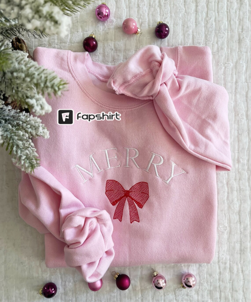 Merry and Bow Embroidered Gemma Crewneck Sweatshirt | Christmas Merry Sweatshirt | Gift for Her | Pink and Red Embroidery