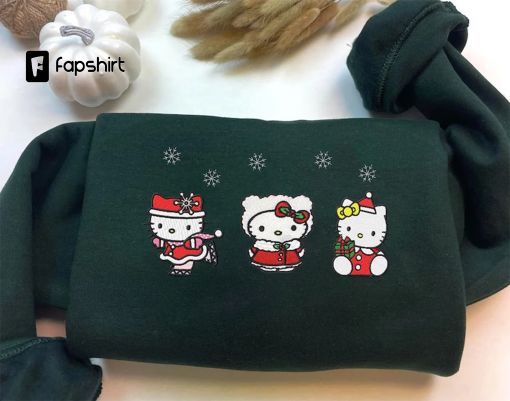 Kitt.y Christmas Embroidery Crewneck Sweatshirt, Kitty Christmas Snow embroidery Sweatshirt, Christmas Embroidered, Y2K Style Embroidered