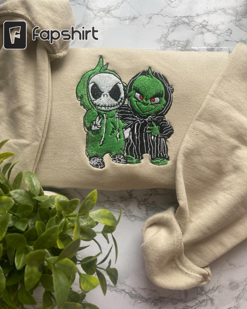 Jack and Grinch Embroidered Shirt, Jack Skellington Embroidered Crewneck, Couple Shirt, Anniversary Gifts