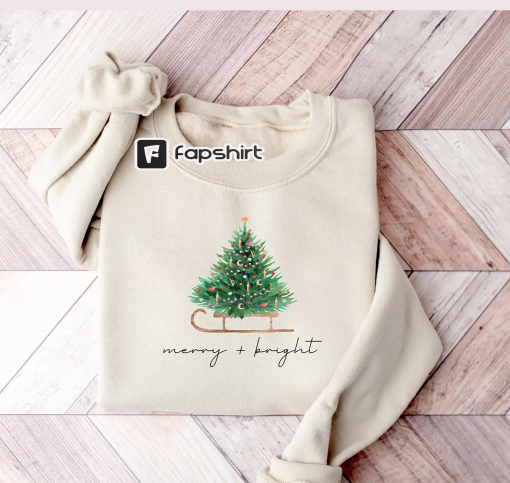 Christmas Tree Sweatshirt, Christmas Crewneck Merry and Bright Christmas Shirts for Women, Family Christmas Sweater