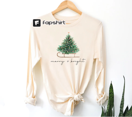 Christmas Tree Sweatshirt, Christmas Crewneck Merry and Bright Christmas Shirts for Women, Family Christmas Sweater