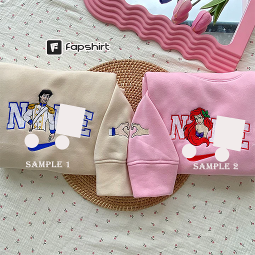 Ar.i.el and Pri.nce E.ri.c Embroidered Sweatshirt, Embroidered hoodie, Couple Matching Hoodie Couple Gift, Cartoon Embroidered Sweatshirt