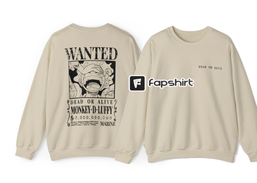 Monkey D. Luffy Wanted Poster Gear 5 Long Sleeve Sweatshirt – Unisex Heavy Blend Crewneck, One Piece Hoodie, Anime Sweatshirt