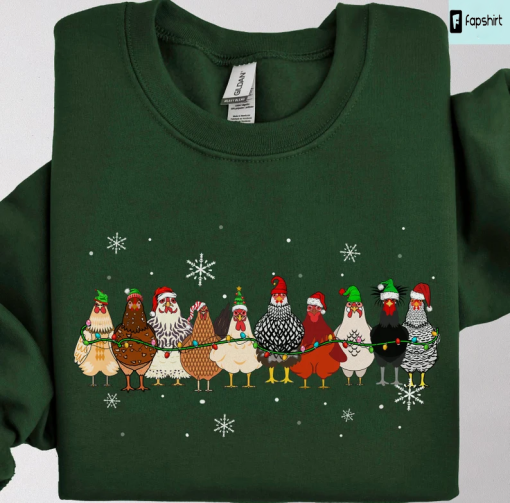 Christmas Chickens Sweatshirt, Cute Chicken Farm Animals Holiday Shirt, Trendy Santa Hat Animal Farmer Heiffer Bull Gift Holidays Crewneck