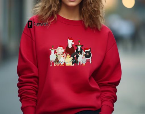 Christmas Farm Animals Shirt, Cute Chicken, Cow, Pig, Goat Holiday T-Shirt, Trendy Santa Hat Animal Farmer Tee, Duck Goose Sheep Holidays