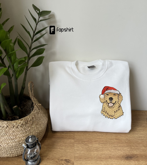 Embroidered Christmas Dog Sweatshirt Embroidered Golden Retriever Christmas Sweater Crewneck Winter Sweatshirt Women Christmas Sweatshirt