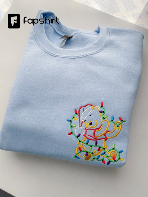 Winnie The Pooh Christmas Lights Embroidered Sweatshirt | Embroidered Shirt | Disney Embroidered Shirt | Disney Christmas Crewneck