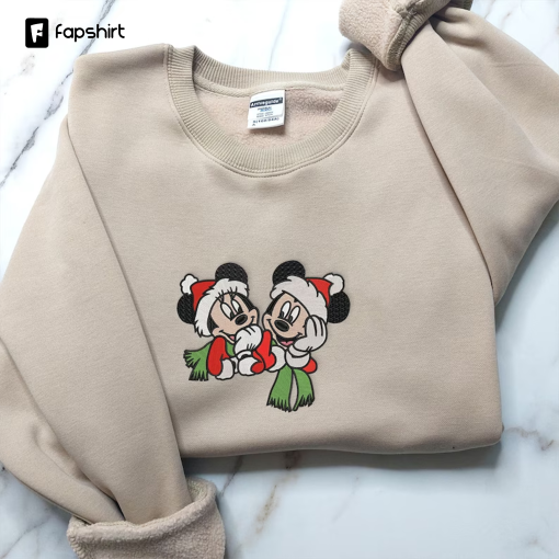 Mickey And Minnie Christmas Embroidered Sweatshirt, Disneyland Christmas, Cartoon Shirt, Trending Crewneck, Couple Shirt