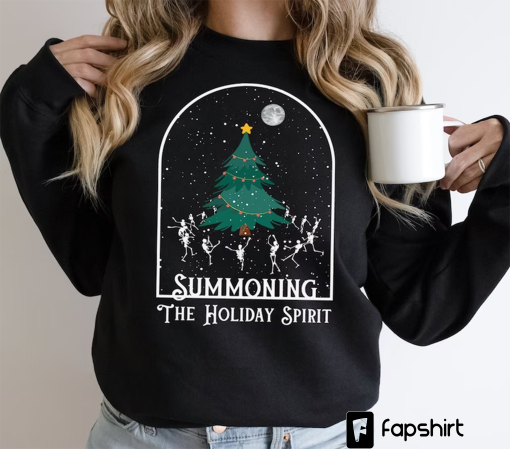 Summoning The Holiday Spirit Christmas Tree Sweatshirt, Christmas Yule Tree Sweater, Moon Skeleton Holiday Shirts, Christmas Season Crewneck