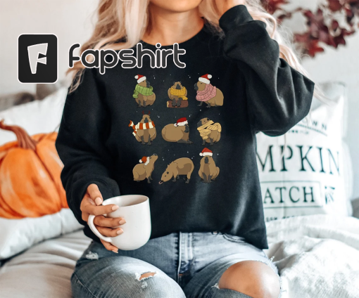 Capybara Rodent Christmas Unisex Sweatshirt, Mammals Animal Lover Hoodie, Cute Capybara Xmas Party Long Sleeve Shirt Tee Gifts for Women