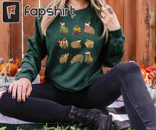 Capybara Rodent Christmas Unisex Sweatshirt, Mammals Animal Lover Hoodie, Cute Capybara Xmas Party Long Sleeve Shirt Tee Gifts for Women