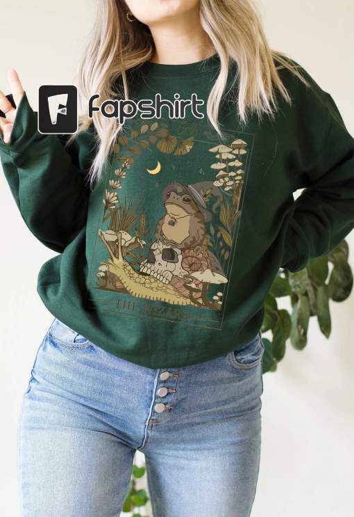 The Wizard Tarot Card Sweatshirt, Witchy Frog Shirt, Trendy Goblincore Clothing, Cottagecore Mushroom Tee, Tarot Lover Gift