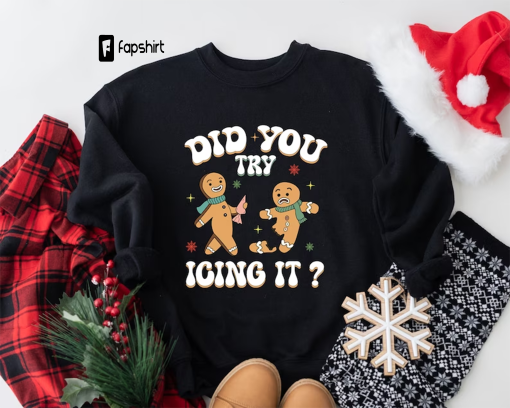 Try Icing It Funny Christmas Sweater, Gingerbread Humor Sweatshirt, PT Physical Therapist Athletic Trainer Xmas Crewneck, Ugly Sweater Party