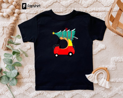 Red Car Christmas Kids Shirt, Cute Christmas Toddler Top, Christmas Tree Kids Baseball Shirt